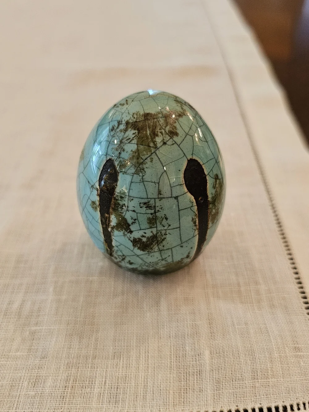 Vintage Houston Studio Art Pottery Turquoise Raku Crackle Glaze Ceramic Egg